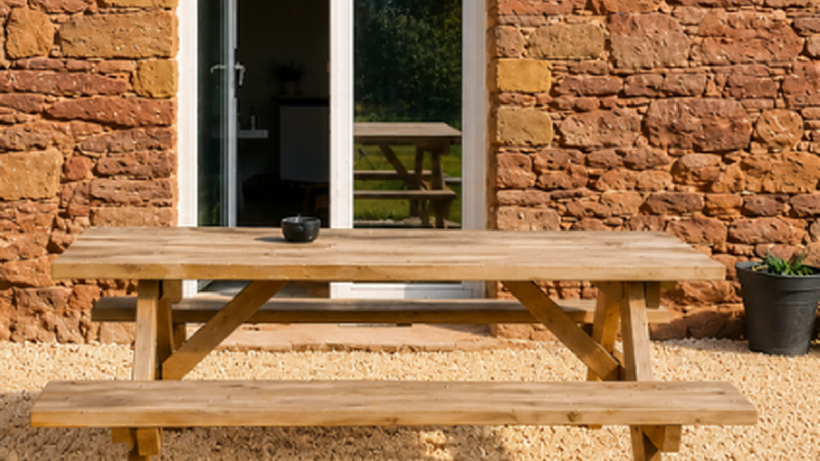 Grande table en bois devant le mur de pierre d'un gîte breton géré par A&O Conciergerie