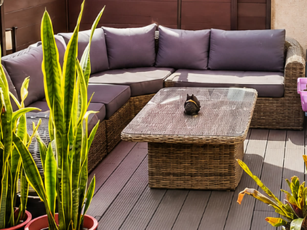 Salon de jardin abrité sur la terrasse d'un logement géré